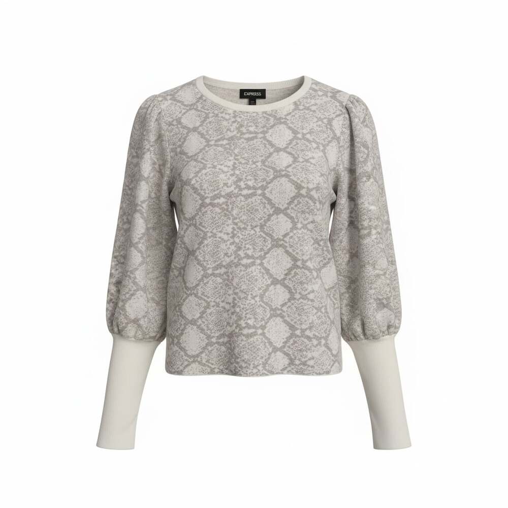 Express Snakeskin Print Puff Sleeve Crew Neck Sweater gray cream